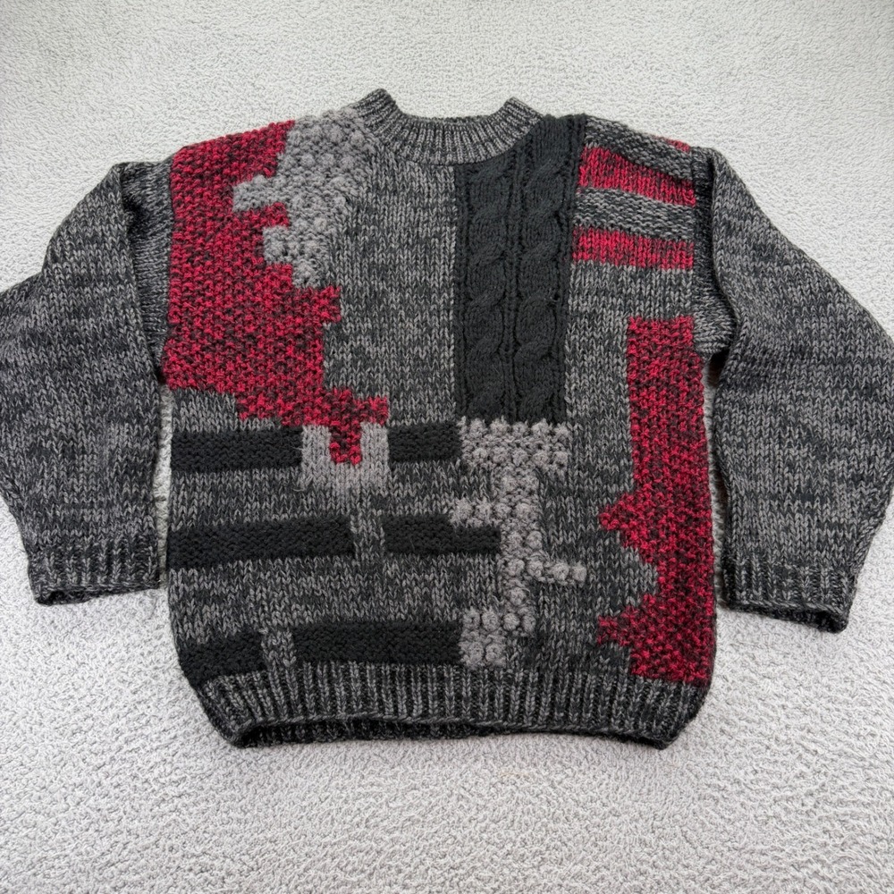 Street Scenes Vintage 90s Abstract Knit Sweater Mens Large Grey Black Red Chunky